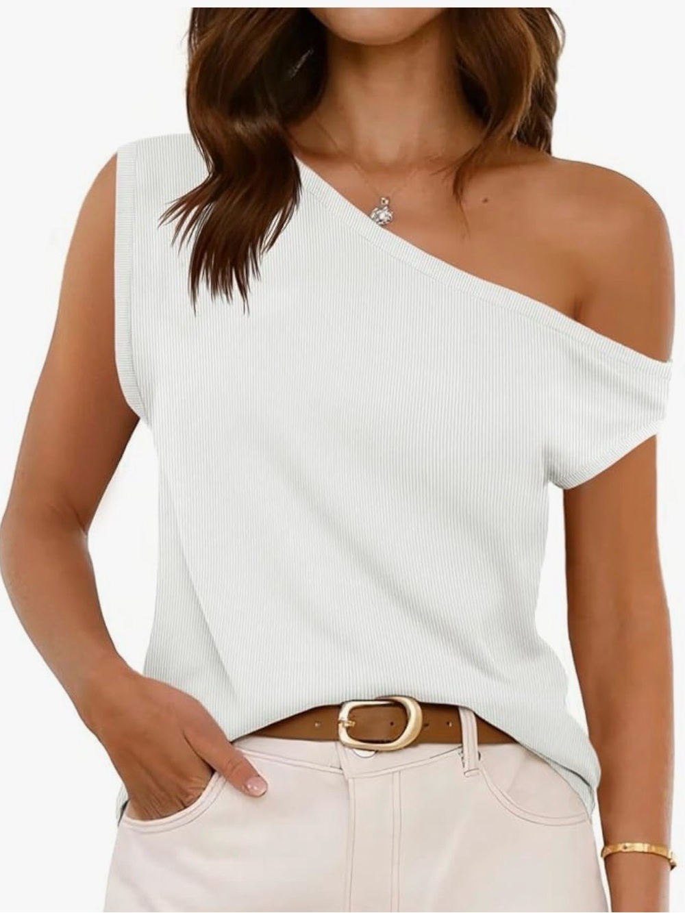 Off-Shoulder Ribbed Short Sleeve Tee in White